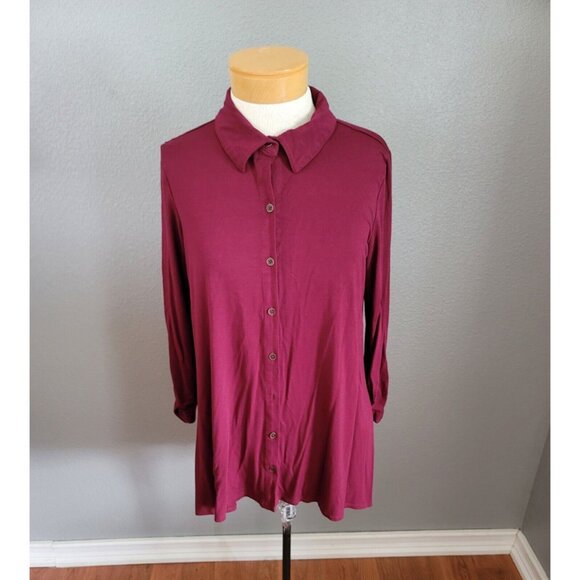 Kim Rogers Women’s Shirt Maroon Size Medium 3 /4 Sleeve Collared Button Up Top - Picture 1 of 10